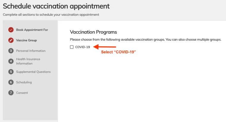 creen Shot of vaccination appointment booking page - click COVID19