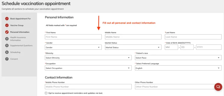 Screen Shot of vaccination appointment booking page - enter information