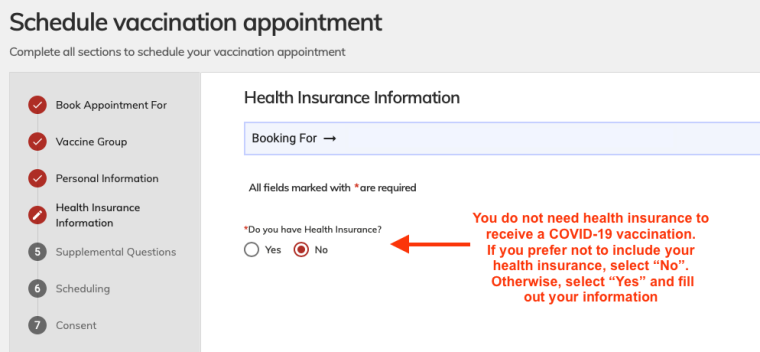 Screen Shot of vaccination appointment booking page - health insurance yes or no