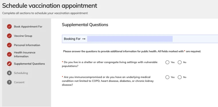 Screen Shot of vaccination appointment booking page - supplemental questions