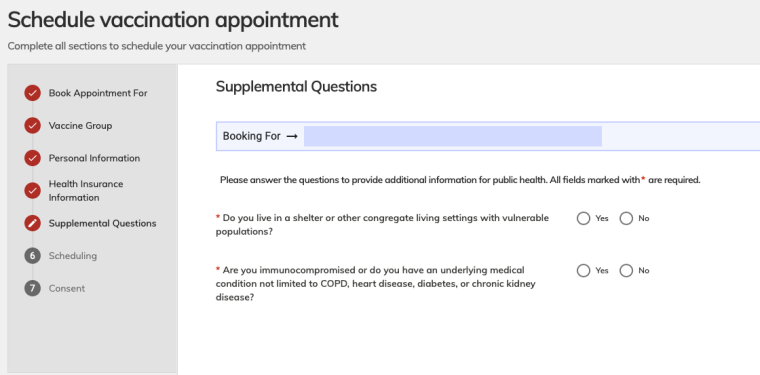 Screen Shot of vaccination appointment booking page - supplemental questions