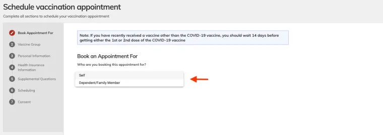 Screen Shot of vaccination appointment booking page - who are you booking for