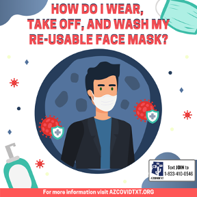 english Graphic of How Do I Wear, Take Off, and Wash My Re-Usable Face Mask?