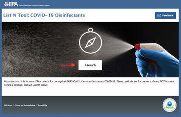 Screen Shot of List N Tool COVID-19 Disinfectants site Launch button