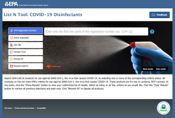 Screen Shot of List N Tool COVID-19 Disinfectants site Keyword Search