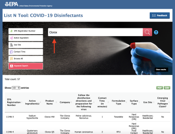 Screen Shot of List N Tool COVID-19 Disinfectants site Search bar
